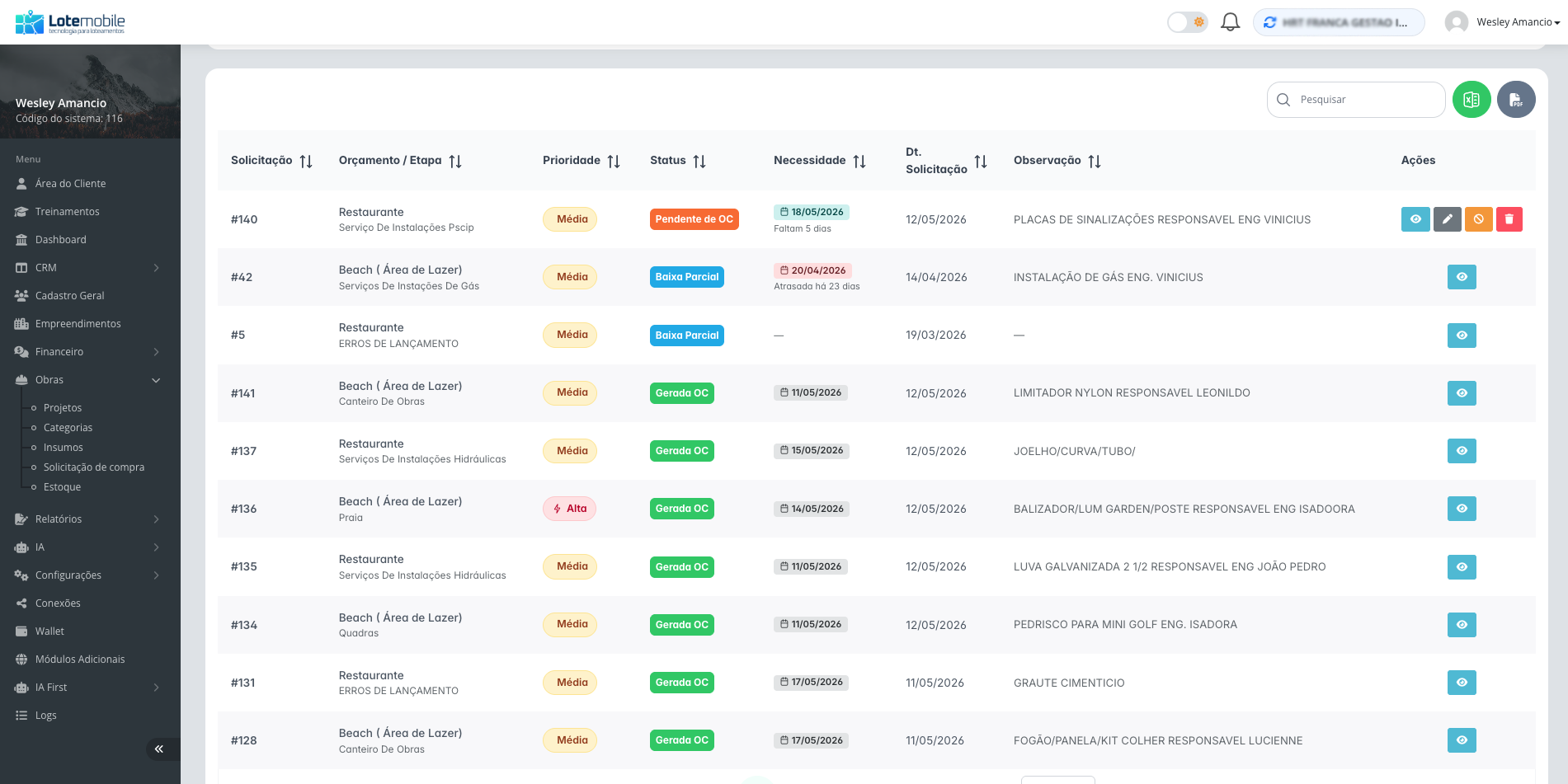 Lista de solicitações de compra com filtros