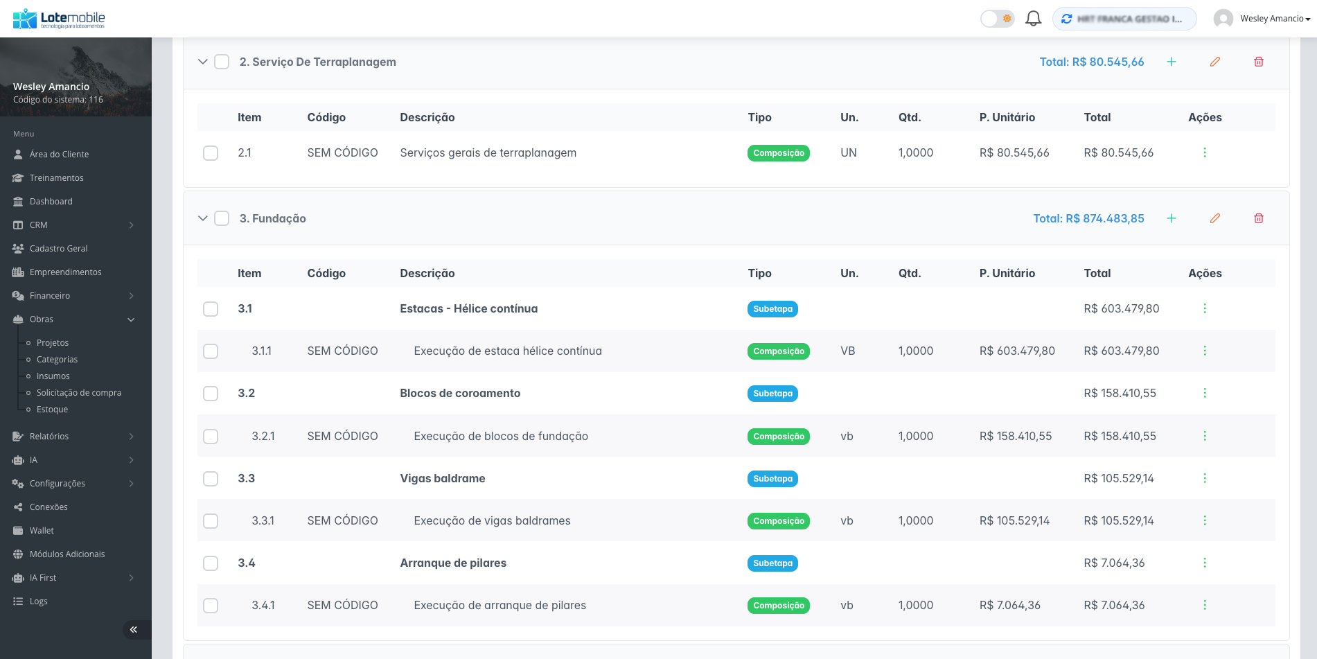 Orçamento com detalhamento por etapas